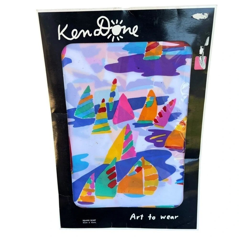 VTG 80s Ken Done Rainbow Sailboats Scarf Art-To-Wear Japan Colorful 24x24 NIP